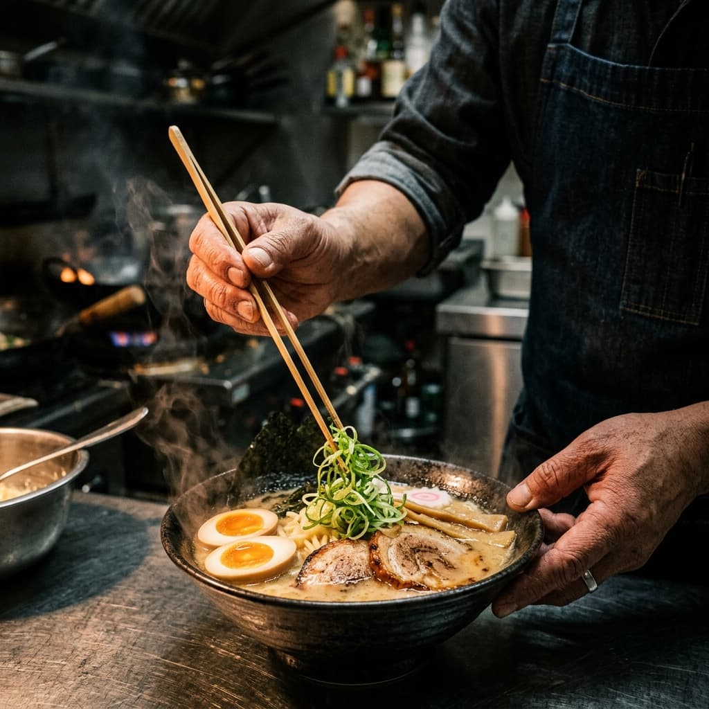 Chef crafting ramen in a dark kitchen