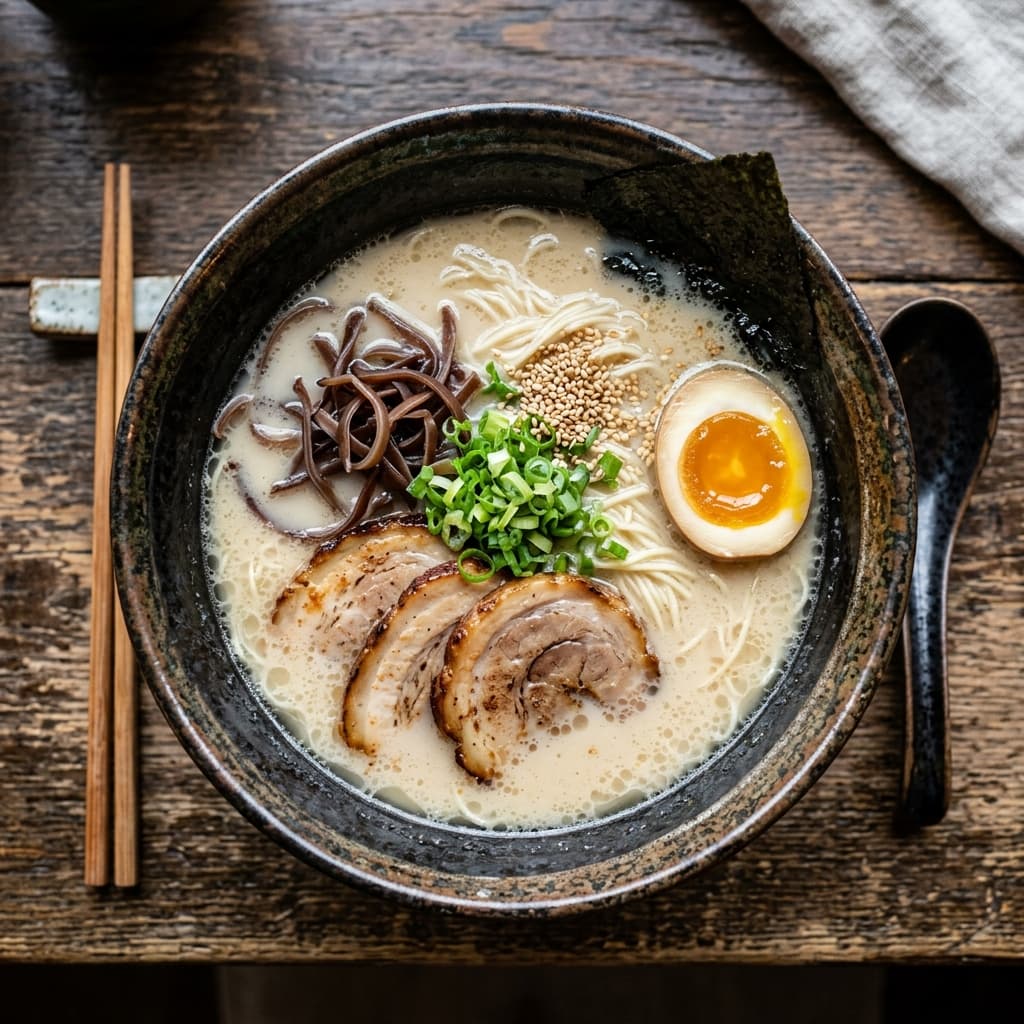 Kotteri pork ramen in dark ceramic bowl