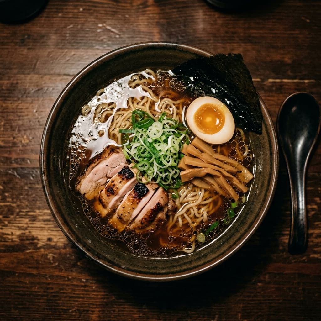 Overhead view of shoyu ramen with dark tones