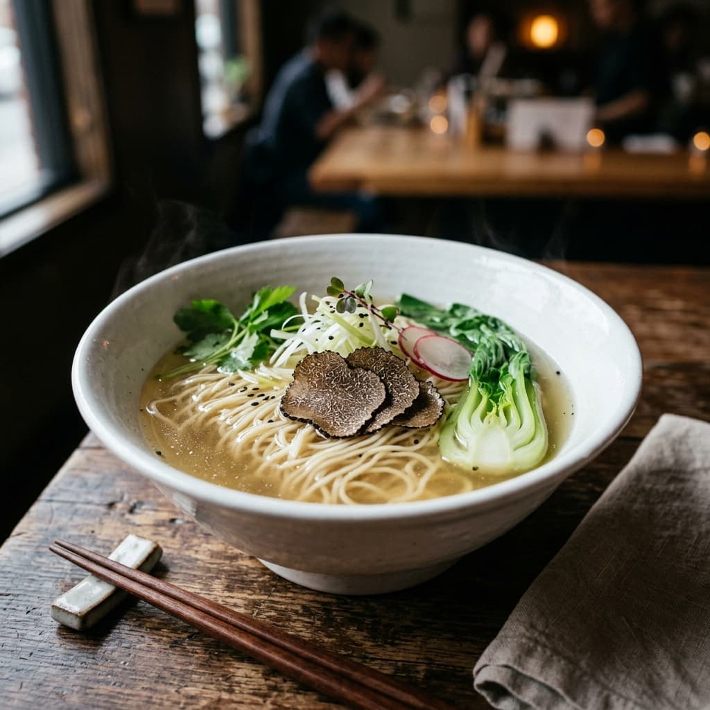 Premium truffle shio ramen in white ceramic bowl